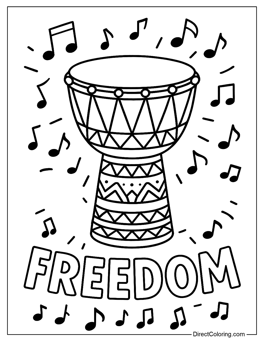 African djembe drum coloring page that sounds freedom, surrounded by musical notes